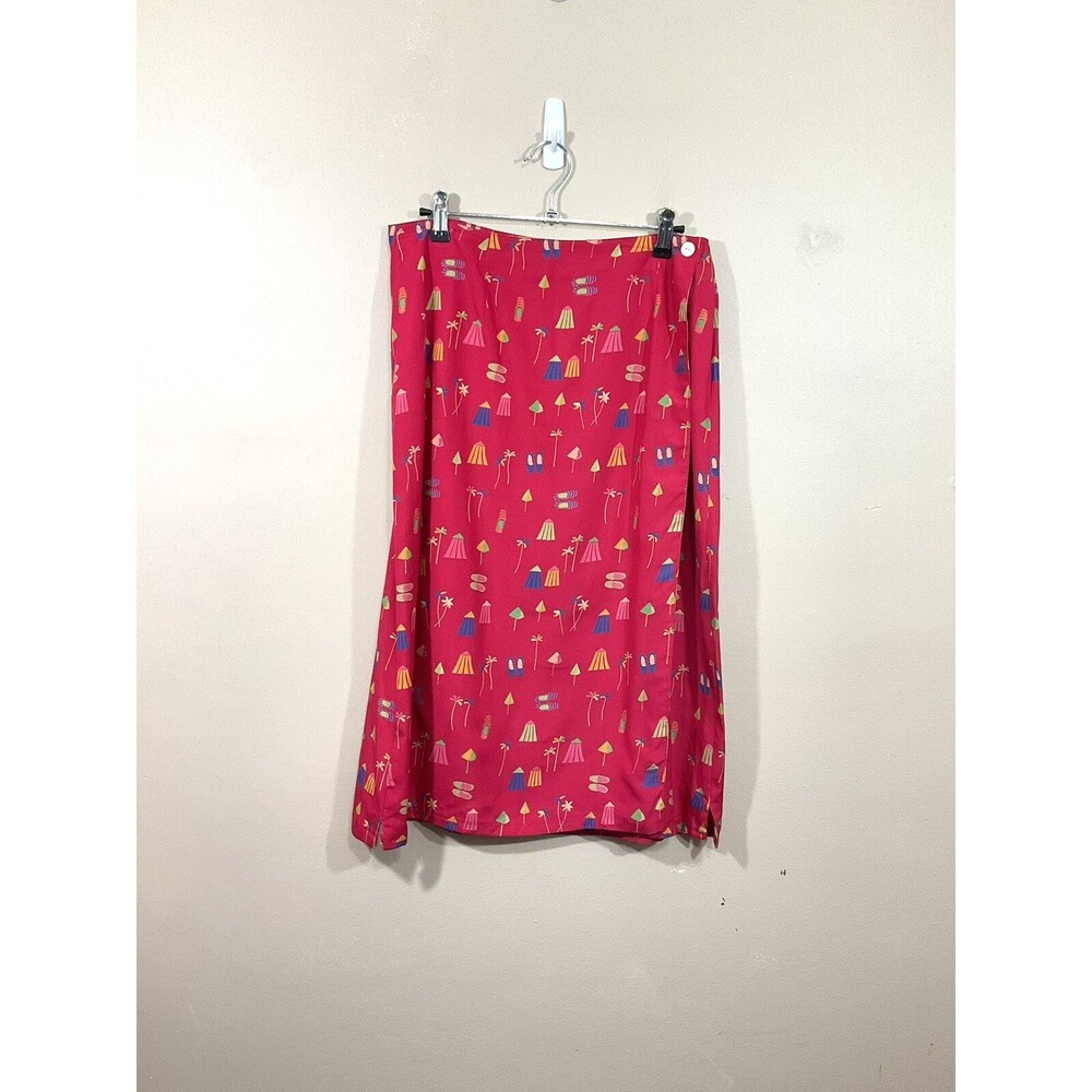 VTG Eagles Eye Silk Beach Scene Midi Wrap Skirt 10 Pink Y2K Tropical Palm Trees